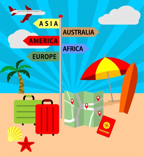 Ikony zestaw podróży, planowanie letnich wakacji, turystyki i podróży obiektów — Wektor stockowy