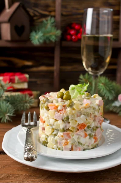 Russian traditional salad Olivier with vegetables and meat — Stock Photo, Image