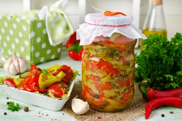 Delicious homemade pickled sweet peppers winter preserve — Stock Photo, Image