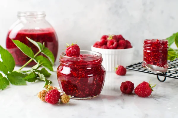Homemade Jam Made Ground Raspberries Sugar Jam Jar Marble Table Stock Picture
