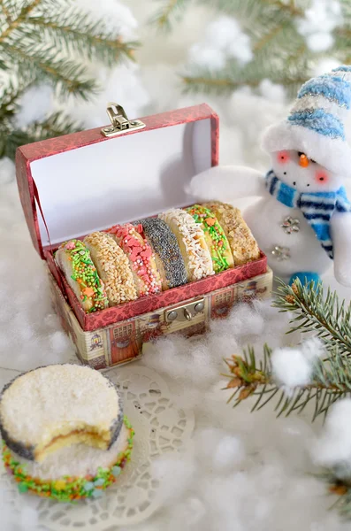 Tasty Christmas cookies in a festive box is on snow — Stock Photo, Image