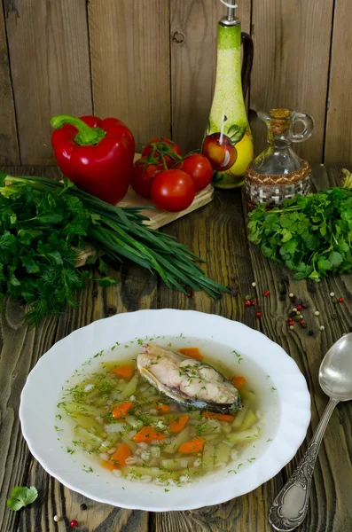 Zuppa fatta in casa di pesce e orzo perlato — Foto Stock