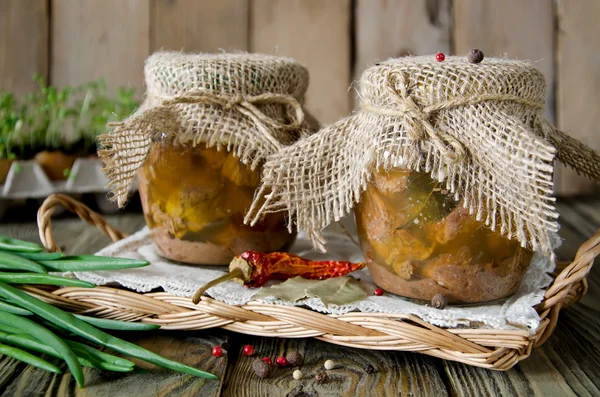 Canned meat in a glass jar — Stock Image Canned meat in a glass jar Royalty Free Stock Photos