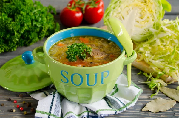 Shchi - sopa de repolho russa tradicional em uma mesa de madeira — Fotografia de Stock