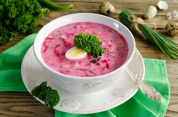 Cold beet soup with egg, cucumber, potatoes and greens — Stock Image Cold beet soup with egg, cucumber, potatoes and greens Stock Image