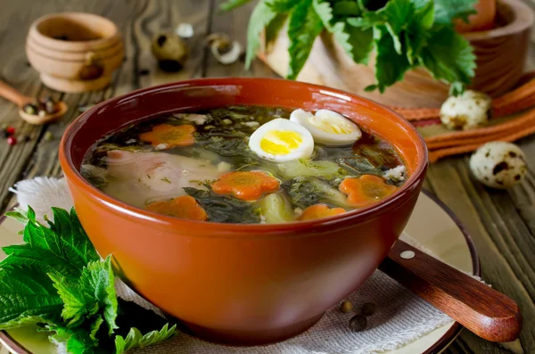 Nettle soup with eggs and carrot in the bowl on the table — Stock Photo, Image