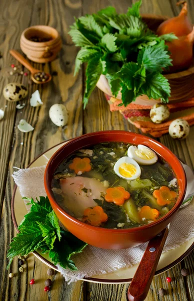 Nettle soup with eggs and carrot in the bowl on the table — Stock Photo, Image
