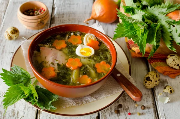 Brandnetel soep met eieren en wortel in de kom op tafel — Stockfoto