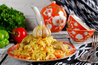 Rice pilaf with meat and vegetables clipart