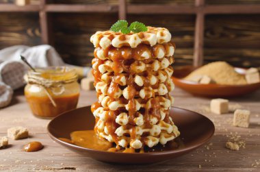 Belçika şeker waffle karamel sos ile