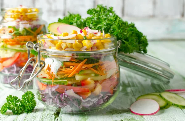 Vegetarisk Rainbow sallad i en glasburk för sommar picknick — Stockfoto