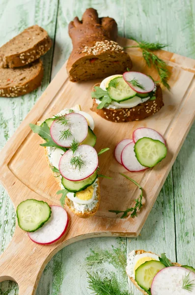 Сэндвичи с яйцом, редиской, огурцом и рукколой — стоковое фото