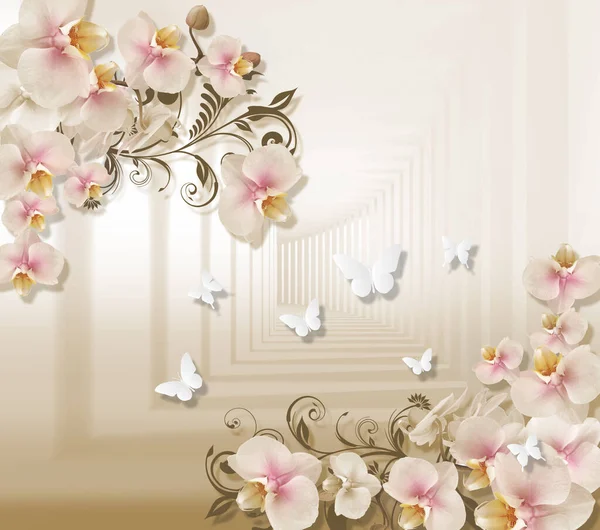 Иллюстрация Красивых Розовых Цветов Фон Обои Обои Бабочками — стоковое фото