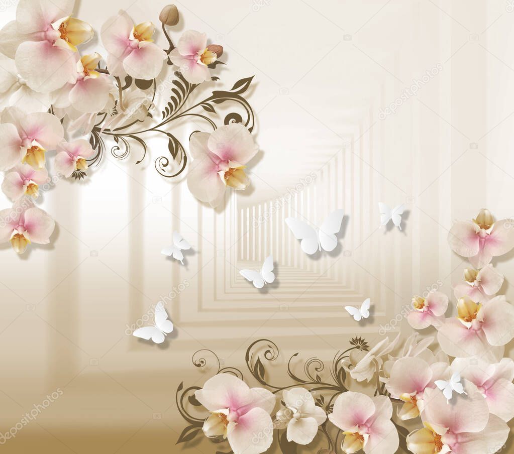 Ilustración 3D de hermosas flores rosas fondo 3D Fondo de pantalla 3D.  Fondos de pantalla con mariposas 2023