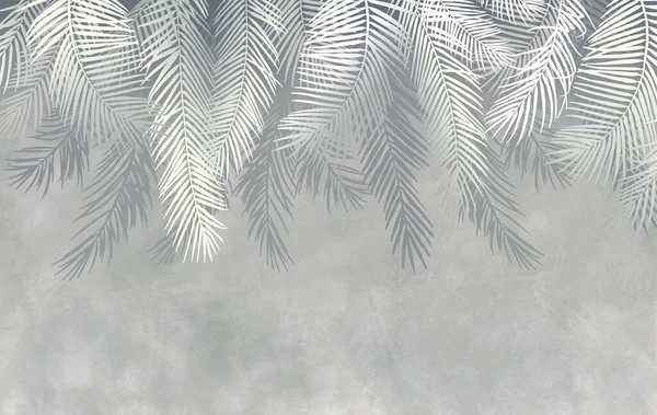 Palm leaves, tropical leaves, grunge, photo wallpaper. Large palm branches on a light background. Beautiful background on the wall.