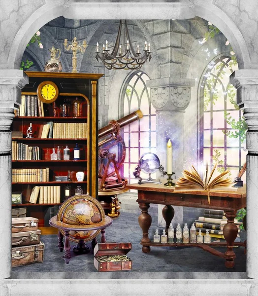 A fairy-tale room in a castle. The wizard\'s room. An old castle. Photo collage for the children\'s room.