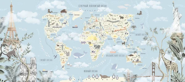 Mapa Com Animais Mapa Mundo Das Crianças Com Animais Atrações — Fotografia de Stock