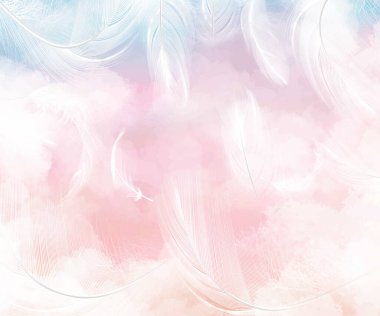 Watercolor with feathers. The background for the wall is watercolor feathers.Delicate background, photo wallpapers for the room.