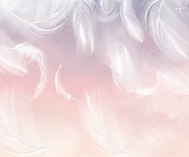 Watercolor with feathers. The background for the wall is watercolor feathers.Delicate background, photo wallpapers for the room.