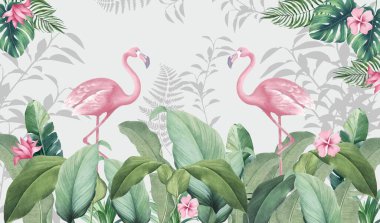 Oda için duvar kağıtları. Pembe flamingolar. Flamingolar yaprakların arka planında. Tropikal yapraklar, tropikal yapraklar, flamingolar..