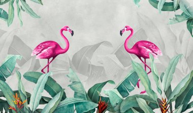 Duvar kâğıdı tropik fresk. Oda için duvar kağıtları. Pembe flamingolar. Flamingolar yaprakların arka planında. Tropikal yapraklar, tropikal yapraklar, flamingolar..
