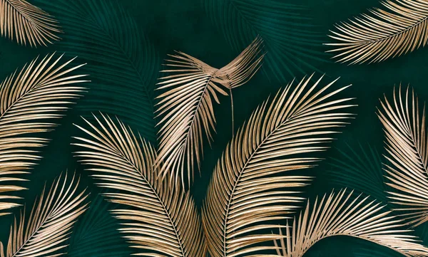 Foglie Oro Sfondo Blu Foglie Tropicali Foto Sfondi Foglie Palme — Foto Stock