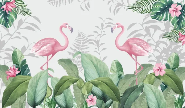 Photo wallpapers for the room. Pink flamingos. Flamingos on a background of leaves. Tropical leaves, tropics, flamingos.Hand drawn tropical leaves.