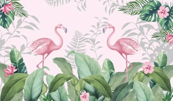 Wallpaper tropics fresco.Photo wallpapers for the room. Pink flamingos. Flamingos on a background of leaves. Tropical leaves, tropics, flamingos.Hand drawn tropical leaves.