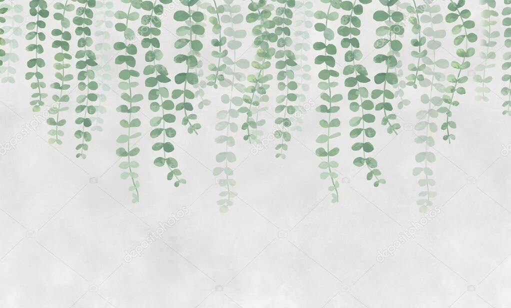 The painted leaves on top. Photo wallpapers for the wall. Mural in the living room. Watercolor leaves.Tropical leaves on a gray background.