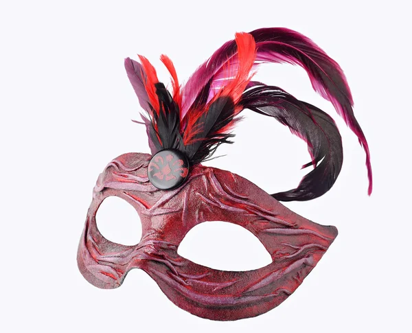 Venetian red Carnival half mask with feathers, isolated on white background — Stock Photo, Image