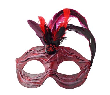 Tüylü, beyaz izole kırmızı karnaval Venedik yarım maske