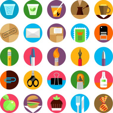 Düz Office ve abur cubur Icons set