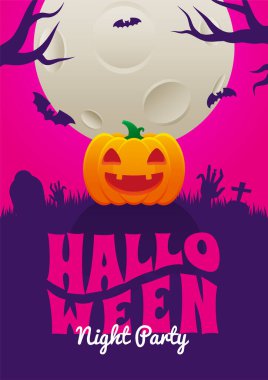 Cadılar Bayramı Poster Partisi Jack O Lantern Balkabağı Ürkütücü Mezarlığı Mezar Taşı Zombi El Mezar Taşı ve Dolunay Arka plan Duvar Kağıdı Vektör Tasarımı Çizimi