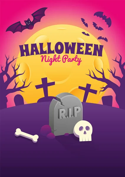 Halloween Event Poster Night Party Headstone Grave Skull Bone Full — Stock Vector