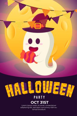 Cadılar Bayramı Parti Posteri ve Büyük Şeker Taşıyan Şirin Hayalet ve Gece Dolunayda Cadı Şapkası. Poster, broşür, web tasarımı, davet, tebrik kartı için kullanılabilir