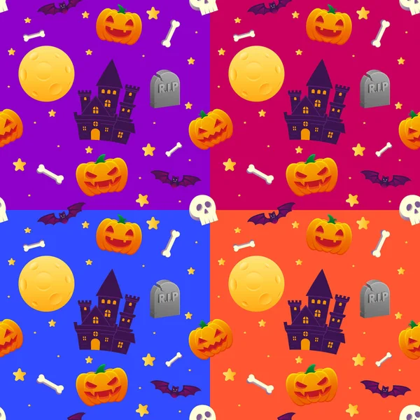 Padrão Sem Costura Feliz Halloween Com Castelo Abóbora Lápide Lua — Vetor de Stock