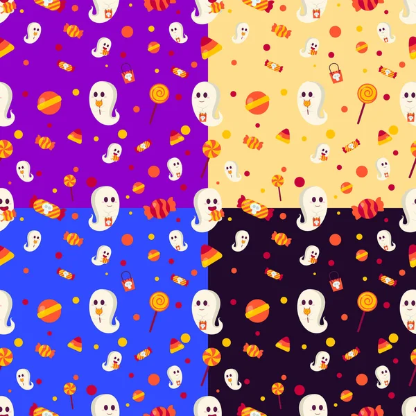 Płynny Wzór Happy Halloween Cute Ghost Cukierki Fioletowym Niebieskim Tle — Wektor stockowy