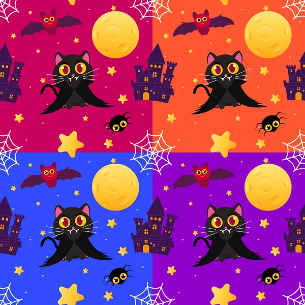 Seamless Pattern Happy Halloween Cute Black Cat Use Vampire Costume — Stock Vector