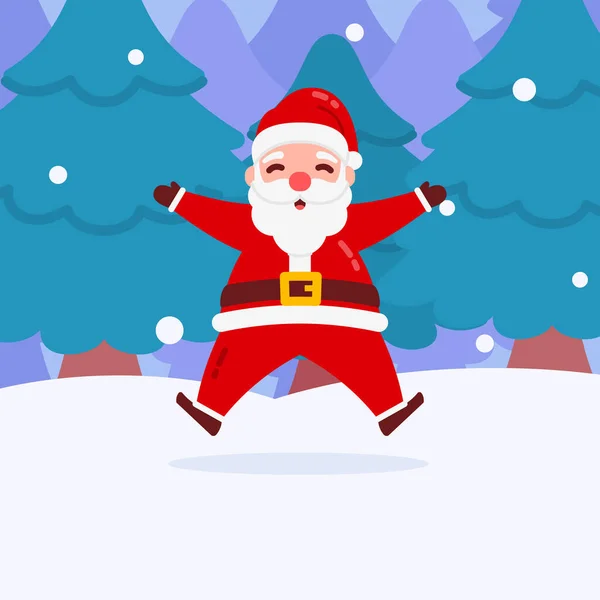 雪と冬の森を背景にクリスマスサンタキャラクターハッピージャンプフラットデザインイラスト — ストックベクタ
