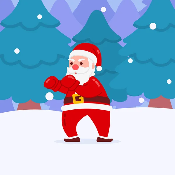 Navidad Santa Carácter Boxeo Con Nieve Invierno Bosque Fondo Plano — Vector de stock