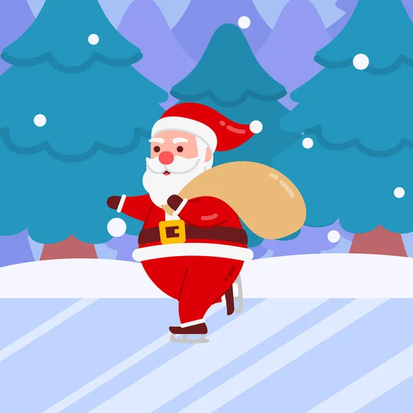 Noël Santa Character Offrir Cadeau Utilisant Patin Glace Avec Neige — Image vectorielle