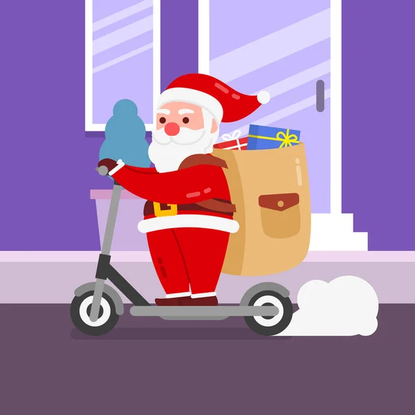 Navidad Santa Character Entregar Caja Regalo Montando Scooter Con Fondo — Vector de stock