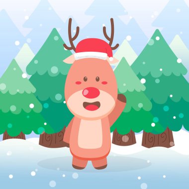 Şirin Geyik Noel Karakteri Kış manzarasında el sallıyor