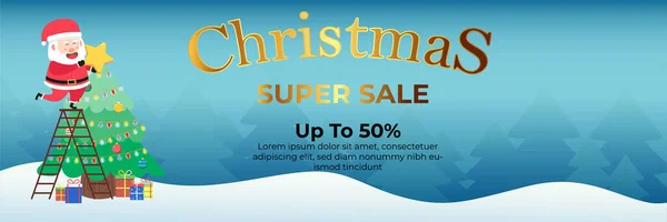 Christmas Banner Super Sale Santa Clause Decorate Christmas Tree Flat — Stock Vector