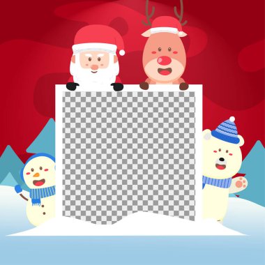 Boş fotoğraflı mutlu Noeller ve şirin Noel Baba, kutup ayısı, ren geyiği ve kardan adam. Tatil sosyal medya paylaşımı, Noel indirimi, tebrik kartı şablonu vektörü.