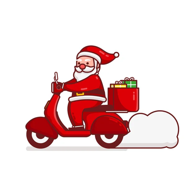 Christmas Santa Claus Cartoon Character Liefern Geschenkbox Von Einem Motorrad — Stockvektor