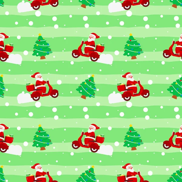 Navidad Lindo Papá Noel Motocicleta Árbol Regalo Caja Entrega Verde — Vector de stock