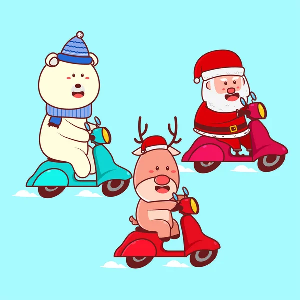 Set Christmas Icon Concept Santa Friends Fahrt Roller Vektor Symbol — Stockvektor