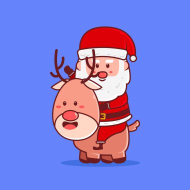 Şirin Noel Baba şirin dizgin geyik vektör ikonu illüstrasyonu. Noel ikonu konsepti. Web İniş Sayfası, Bayrak, Flyer, Etiket, Kartvizit İçin Uygun Noel Karakteri Düz Çizgi Film Biçimi