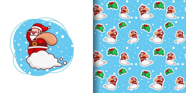 Karácsonyi Aranyos Santa Cartoon Szállít Ajándék Minta Fehér Felhő Kék — Stock Vector